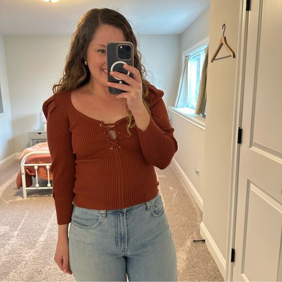 NEW Ba&sh Orange Ribbed Open Lace Front Sweater XS - Picture 4 of 12